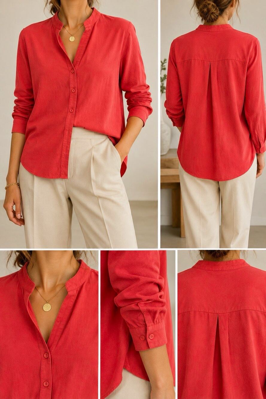 Eileen Fisher Women’s Red 100% Silk Woven Split Neck Button Front Blouse XS